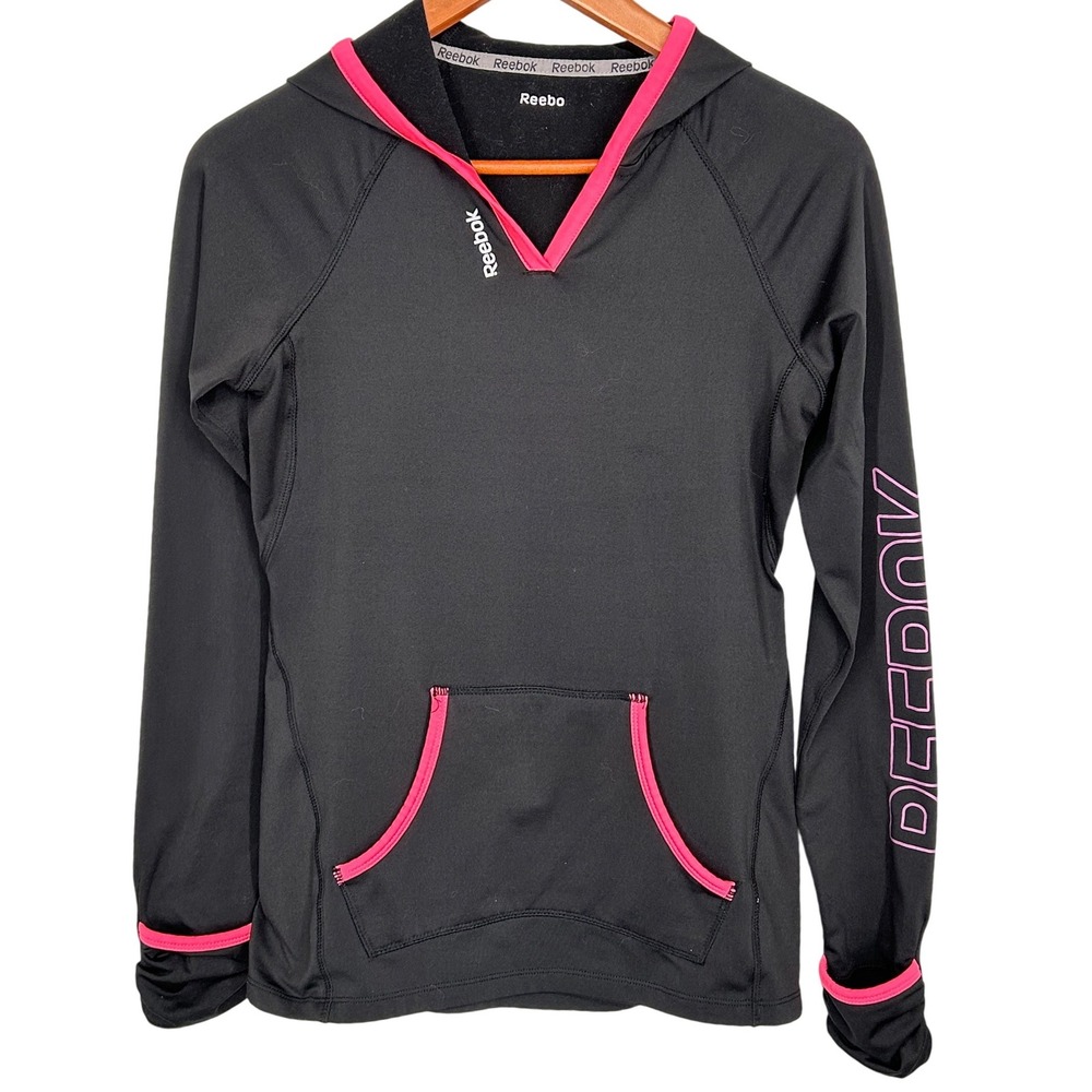 Reebok Long-Sleeved Hooded Perfomance Shirt Black with PinkTrim Women's Size XS